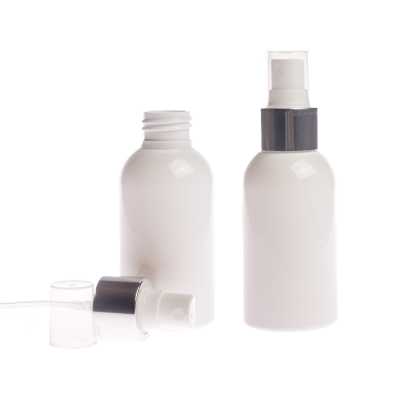 White Plastic Bottle, White Spray With Glossy Silver Collar, 100 ml