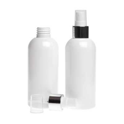 White Plastic Bottle, White Spray With Glossy Silver Collar, 200 ml