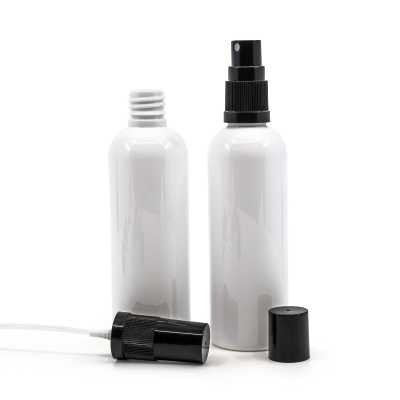 White Plastic Bottle, 24/410, Black Fine Mist Sprayer, Black Overcap, 100 ml