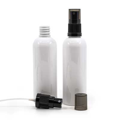 White Plastic Bottle, 24/410, Black Fine Mist Sprayer, Smoky Overcap, 100 ml