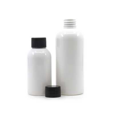 White Plastic Bottle, Blak Ribbed Cap, 200 ml