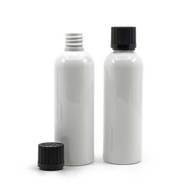 White Plastic Bottle, 24/410, Black Safety Cap & Dropper 100 ml