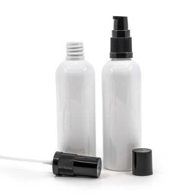 White Plastic Bottle, 24/410, Black Lotion Pump with Black Overcap, 100 ml
