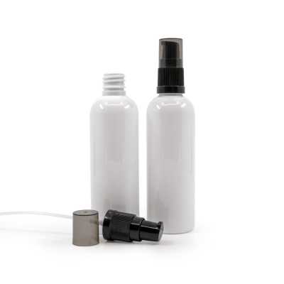 White Plastic Bottle, 24/410, Black Lotion Pump with Smokey Overcap, 100 ml