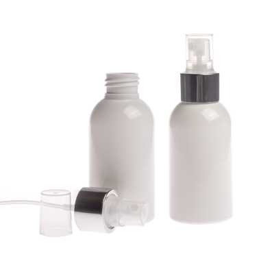 White Plastic Bottle, Transparent Spray with Glossy Silver Collar, 100 ml