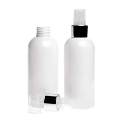 White Plastic Bottle, Transparent Spray with Glossy Silver Collar, 300 ml