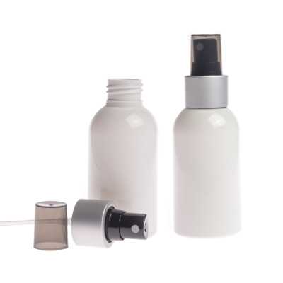 White Plastic Bottle, Black Spray, Matte Silver Collar, Smoky Overpcap, 100 ml