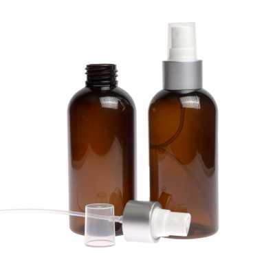 Amber Plastic Bottle, White Spray with Matte Silver Collar, 150 ml