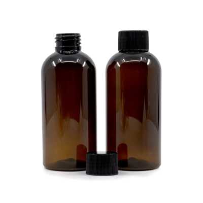 Amber Plastic Bottle, Black Ribbed Cap, 150 ml