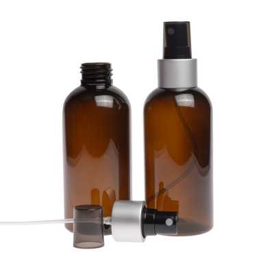 Amber Plastic Bottle, Black Spray, Matte Silver Collar, Smoky Overpcap, 150 ml