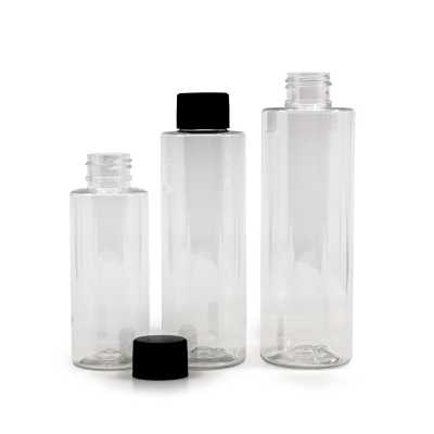 Clear Plastic Bottle, Black Ribbed Plastic Cap, 100 ml