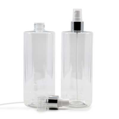 Clear Plastic Bottle, White Spray With Glossy Silver Collar, 500 ml  