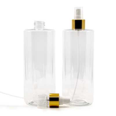Clear Plastic Bottle, White Spray With Glossy Gold Collar, 500 ml 