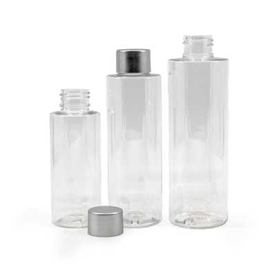 Clear Plastic Bottle, 24/410, Matte Silver Plastic Cap, 200 ml