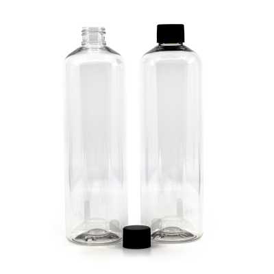 Rounded Clear Plastic Bottle, Black Ribbed Plastic Cap, 500 ml