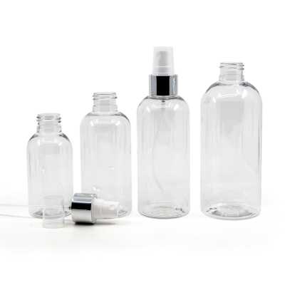 Rounded Clear Plastic Bottle, White Spray With Glossy Silver Collar, 200 ml