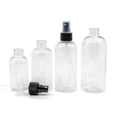 Rounded Clear Plastic Bottle, Black Fine Mist Spray, 100 ml
