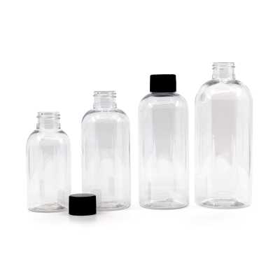 Rounded Clear Plastic Bottle, Black Ribbed Plastic Cap, 100 ml