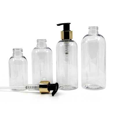 Rounded Clear Plastic Bottle, Golden Pump, 100 ml