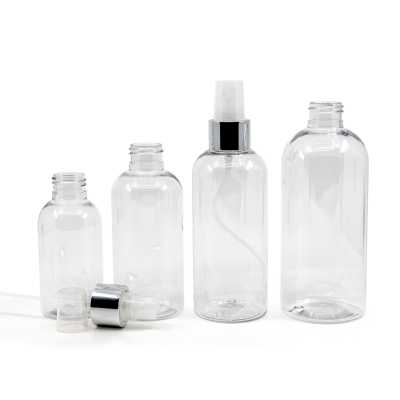 Rounded Clear Plastic Bottle, Transparent Spray with Glossy Silver Collar, 100 ml