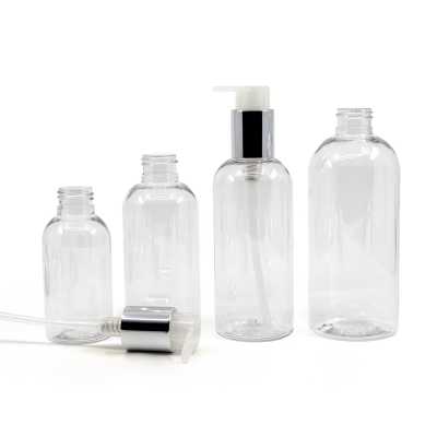 Rounded Clear Plastic Bottle, Silver Pump, 200 ml