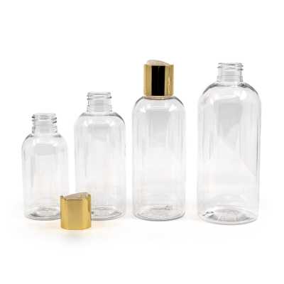 Rounded Clear Plastic Bottle, Golden Disc Top, 100 ml