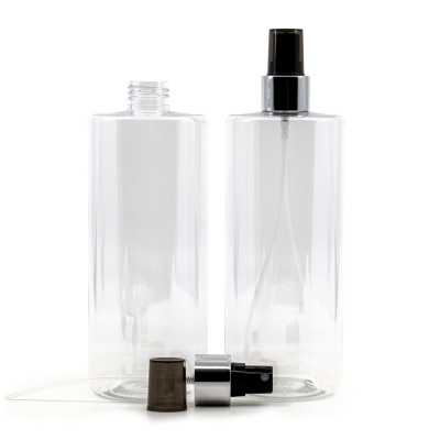 Clear Plastic Bottle, Black Spray with Glossy Silver Collar, 500 ml