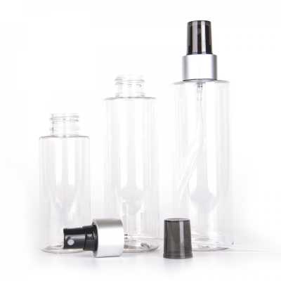 Clear Plastic Bottle, Black Spray, Matte Silver Collar, Smoky Overpcap, 200 ml