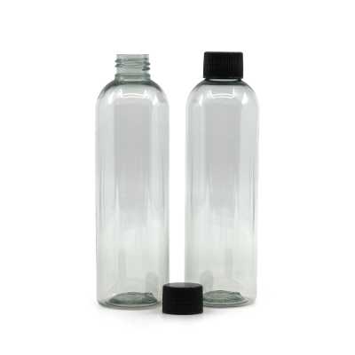 Clear Plastic Recycled Bottle, Black Ribbed Plastic Cap, 250 ml