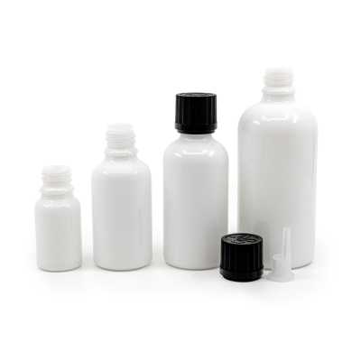 White Glass Bottle, Black Safety Cap & Dropper, 100 ml