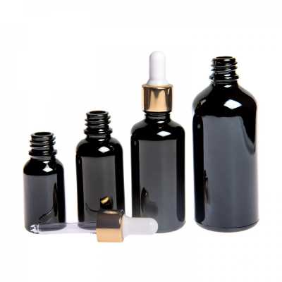 Gloss Black Glass Bottle, Gold White Dropper, 15 ml