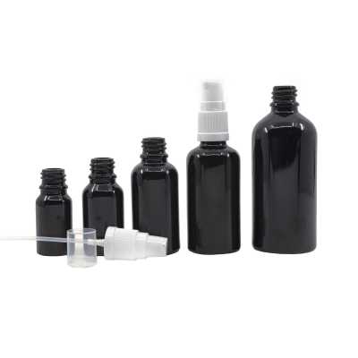  Gloss Black Glass Bottle, White Lotion Pump, 10 ml