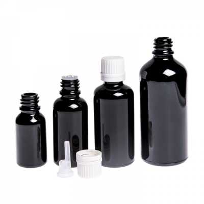 Gloss Black Glass Bottle, White Tamper Evident Cap & Dropper, 10 ml