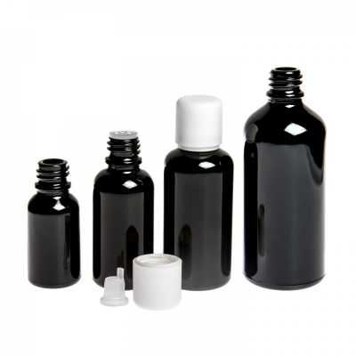 Gloss Black Glass Bottle, White Safety Cap & Dropper, 15 ml