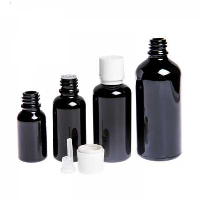 Gloss Black Glass Bottle, White Tamper Evident Safety Cap & Dropper, 10 ml