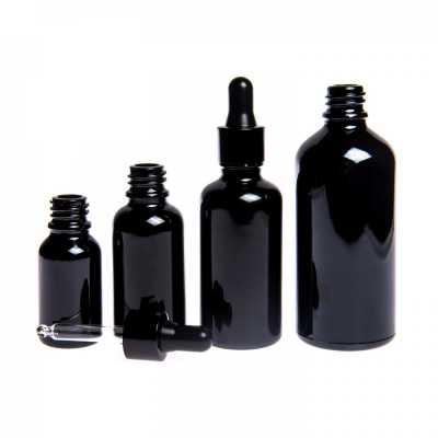Gloss Black Glass Bottle, Gloss Black Dropper, 10 ml