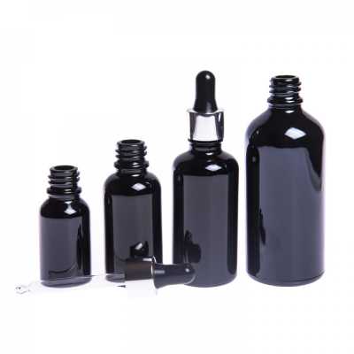 Gloss Black Glass Bottle, Glossy Silver Black Dropper, 10 ml