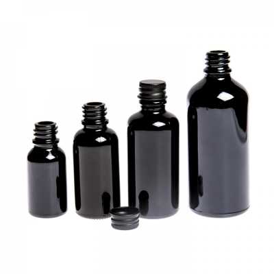 Gloss Black Glass Bottle, Black Aluminium Cap, 30 ml