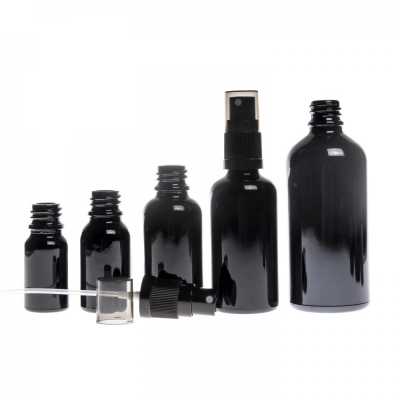 Gloss Black Glass Bottle, Black Fine Mist Sprayer, Smoky Overcap, 10 ml