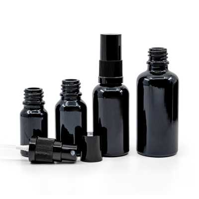 Gloss Black Glass Bottle, Black Fine Mist Sprayer, Black Overcap, 10 ml