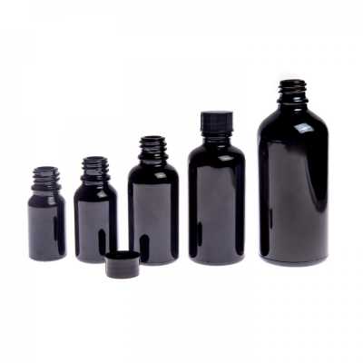 Gloss Black Glass Bottle, Black Cap, 10 ml