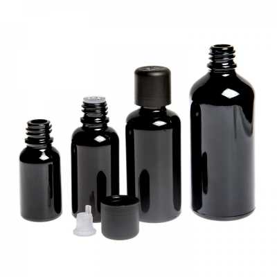 Gloss Black Glass Bottle, Black Tamper Evident Safety Cap & Dropper 10 ml