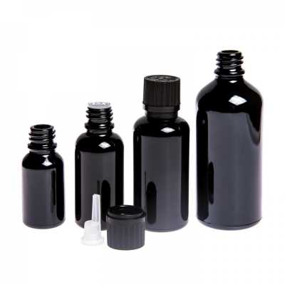 Gloss Black Glass Bottle, Black Tamper Evident Safety Cap & Dropper, Ribbed, 10 ml