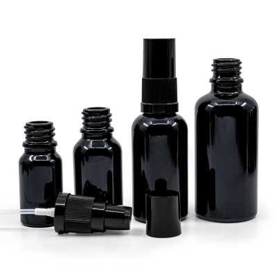 Gloss Black Glass Bottle, Lotion Pump with Black Overcap, 10 ml