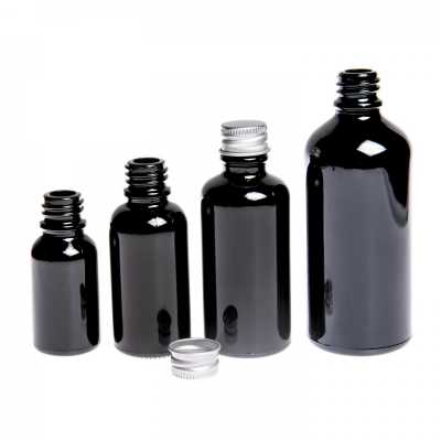 Gloss Black Glass Bottle, Silver Aluminium Cap, 10 ml