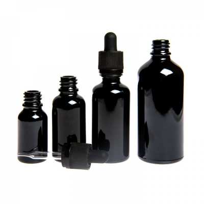 Gloss Black Glass Bottle, Black Tamper Evident Safety Dropper, 10 ml