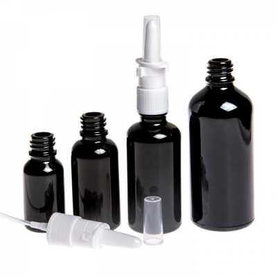 Gloss Black Glass Bottle, White Nasal Spray, 10 ml