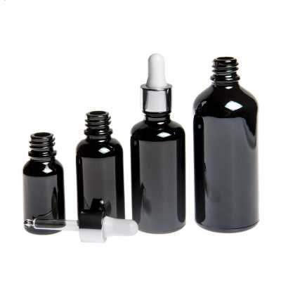 Gloss Black Glass Bottle, Glossy Silver White Dropper, 10 ml