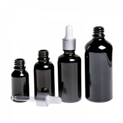 Gloss Black Glass Bottle, Matte Silver White Dropper, 10 ml