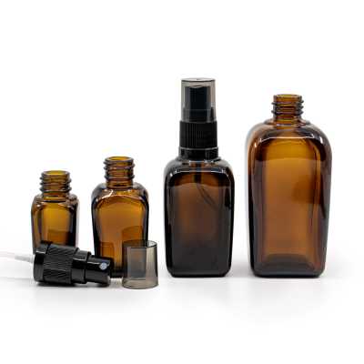 Amber Glass Square Bottle,  Black Fine Mist Sprayer, Black Overcap, 20 ml